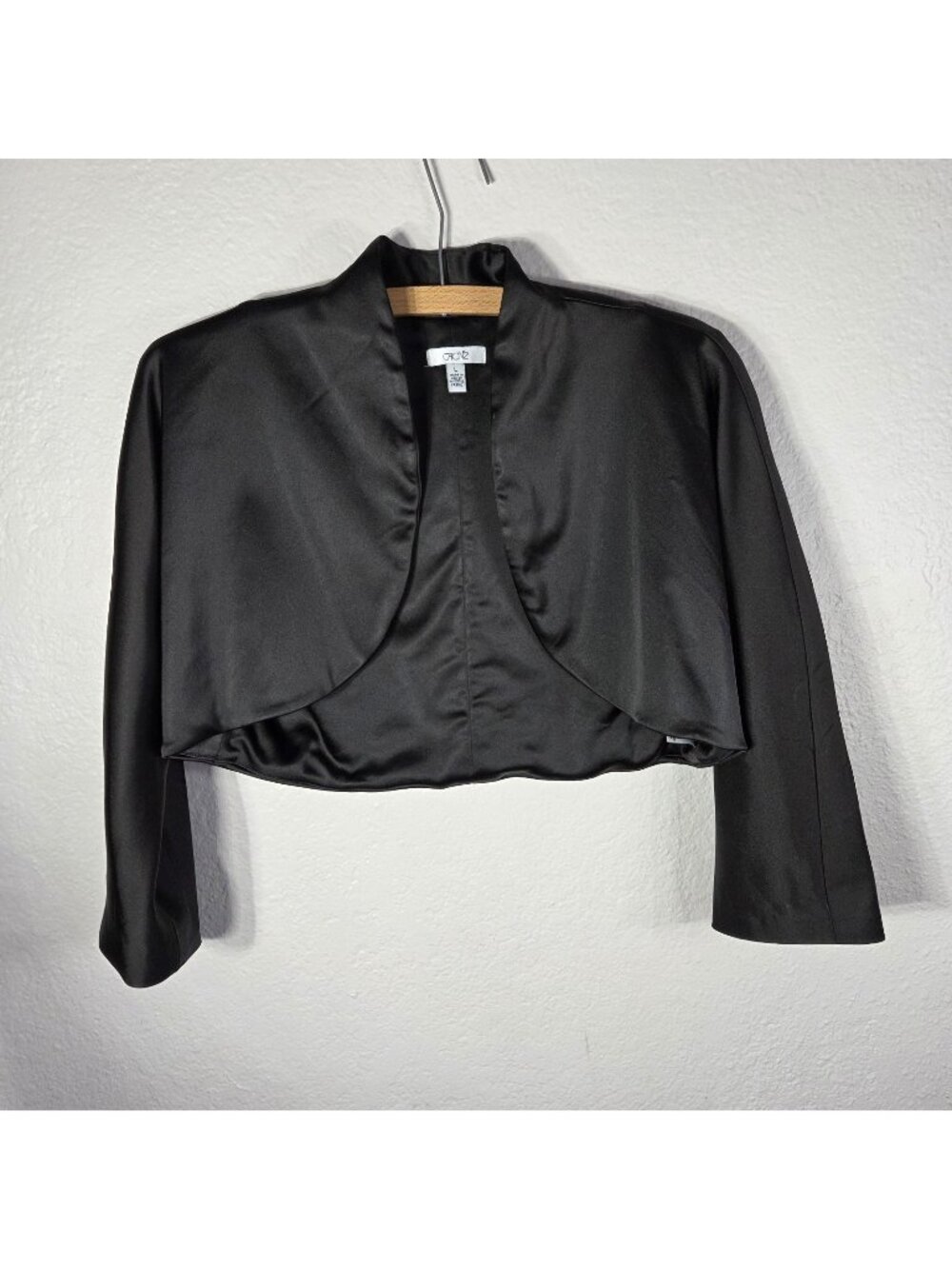 Caché Black Satin Bolero Shrug Cropped Open Front Jacket Blazer 3/4 Sleeve Sz L